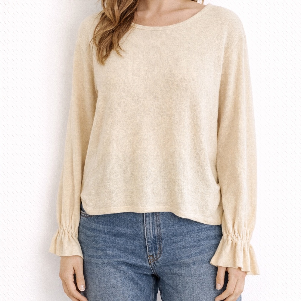 Madewell Texture & Thread Beige Long Sleeve Ruffle Cuff Cotton Top Medium